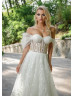 Off Shoulder Ivory Lace Tulle Wedding Dress With Detachable Sleeves